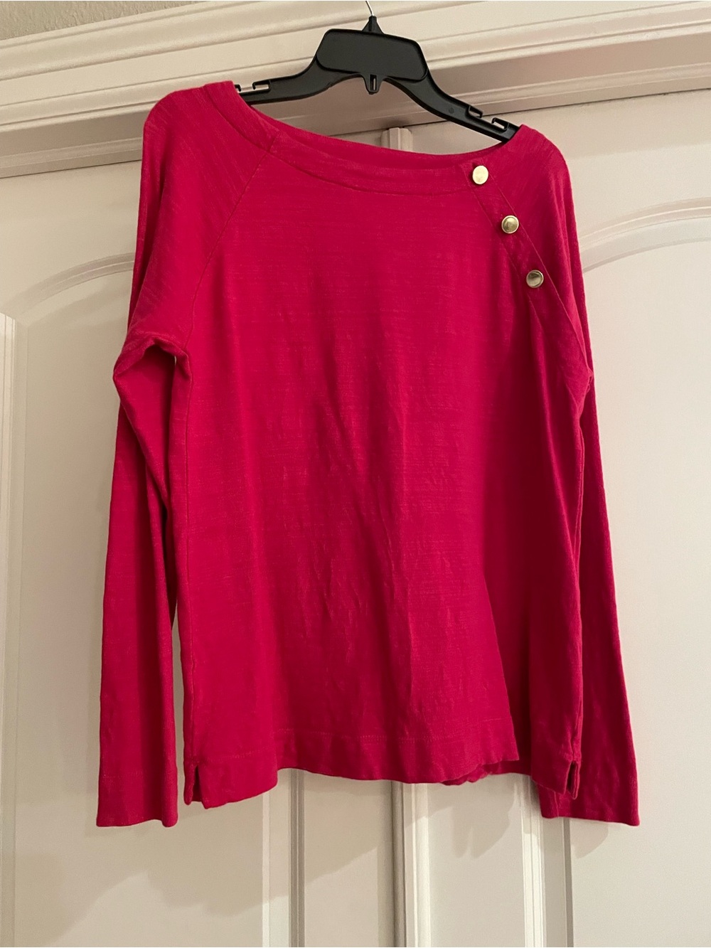 LOFT Fuchsia Pink Long-Sleeve Boatneck Top with Shoulder Buttons